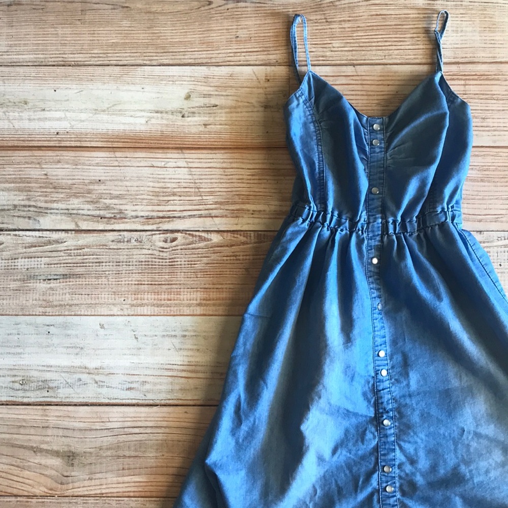 Pearl button blue jean strapless dress